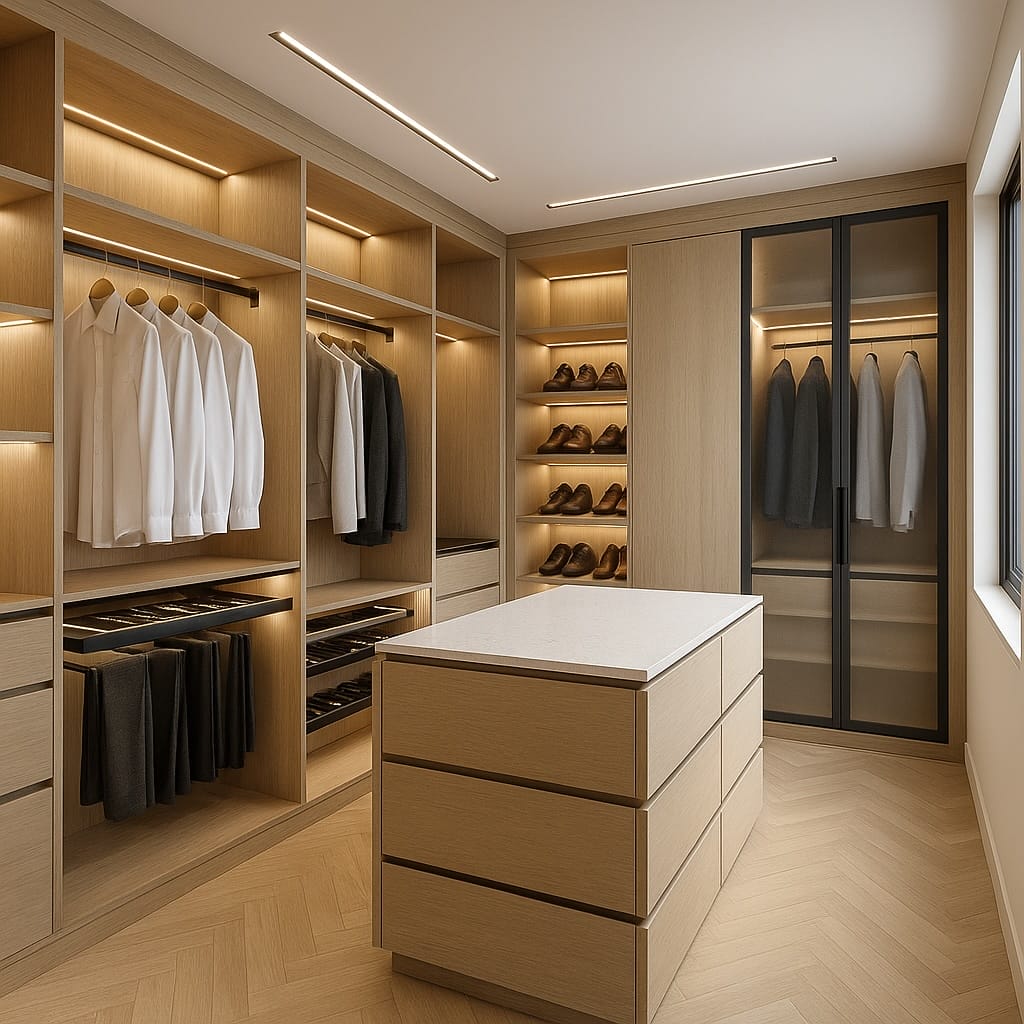 Garde-robe walk-in moderne en bois clair avec îlot central, rangement pour chaussures, penderies et portes vitrées